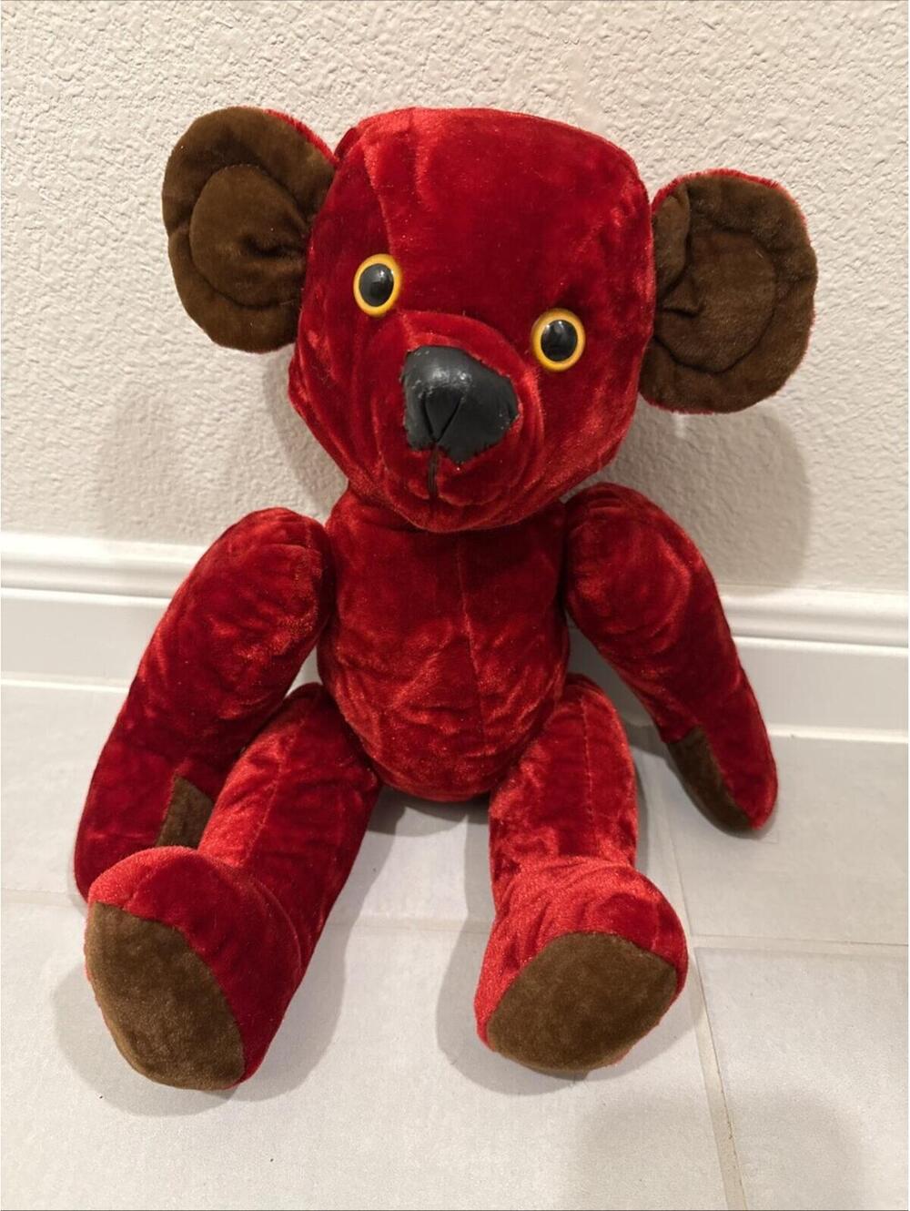 Unique Antique Red Teddy Bear With Leather Nose & Large Eyes